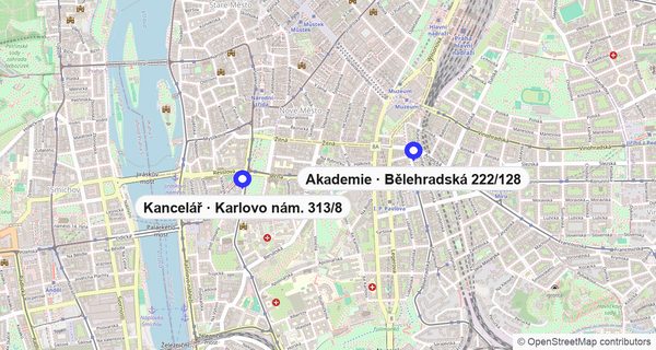 Мапа Праги: Академія на Bělehradská 222/128 та офіс на Karlovo náměstí 313/8